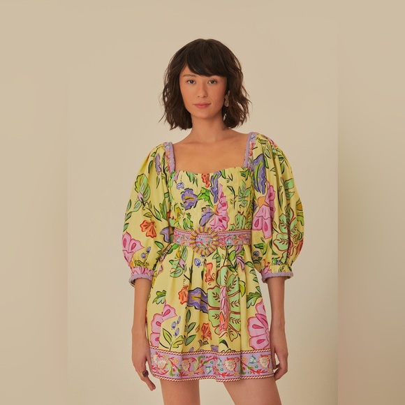 FARM RIO Yellow Floral Insects Short Sleeves Dress size Small - Picture 2 of 10